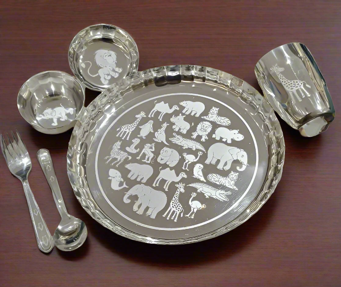 silver plated animal print dinner set, set of 6 pieces